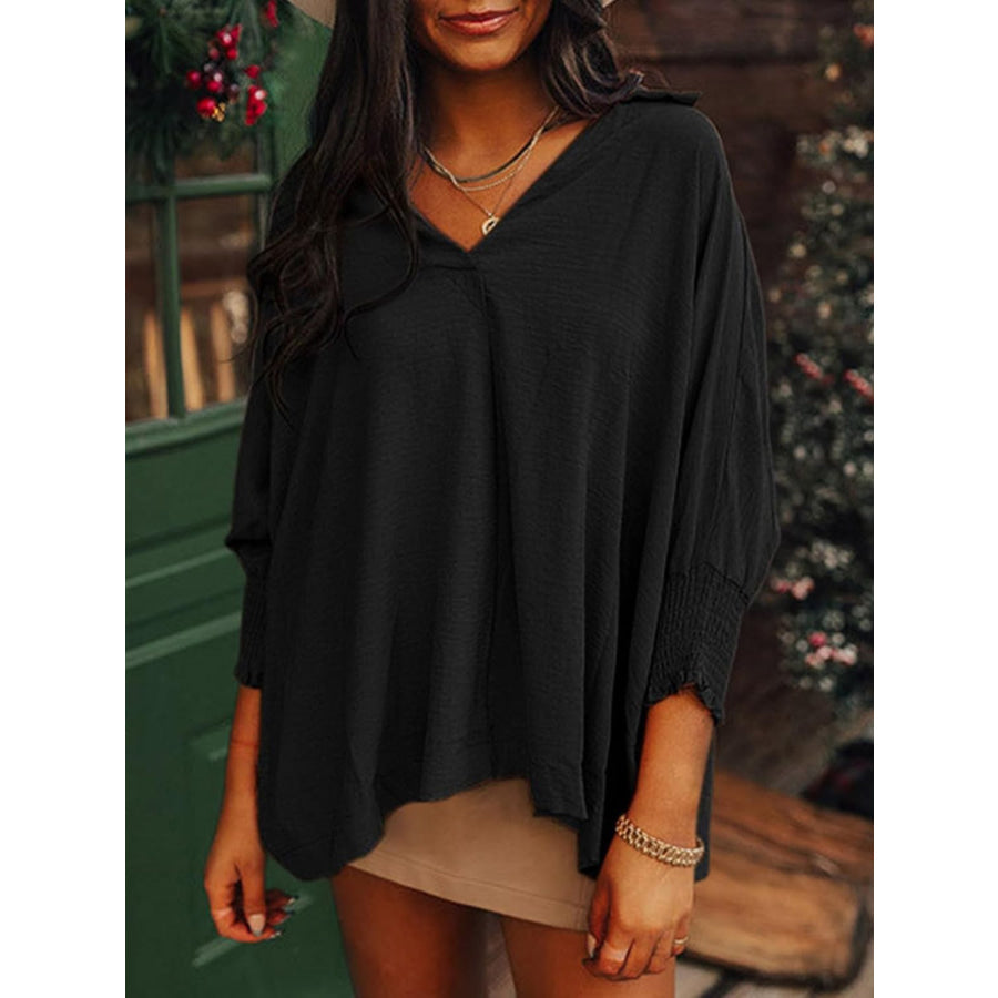 Johnny Collar Three-Quarter Sleeve Blouse Black / S Apparel and Accessories