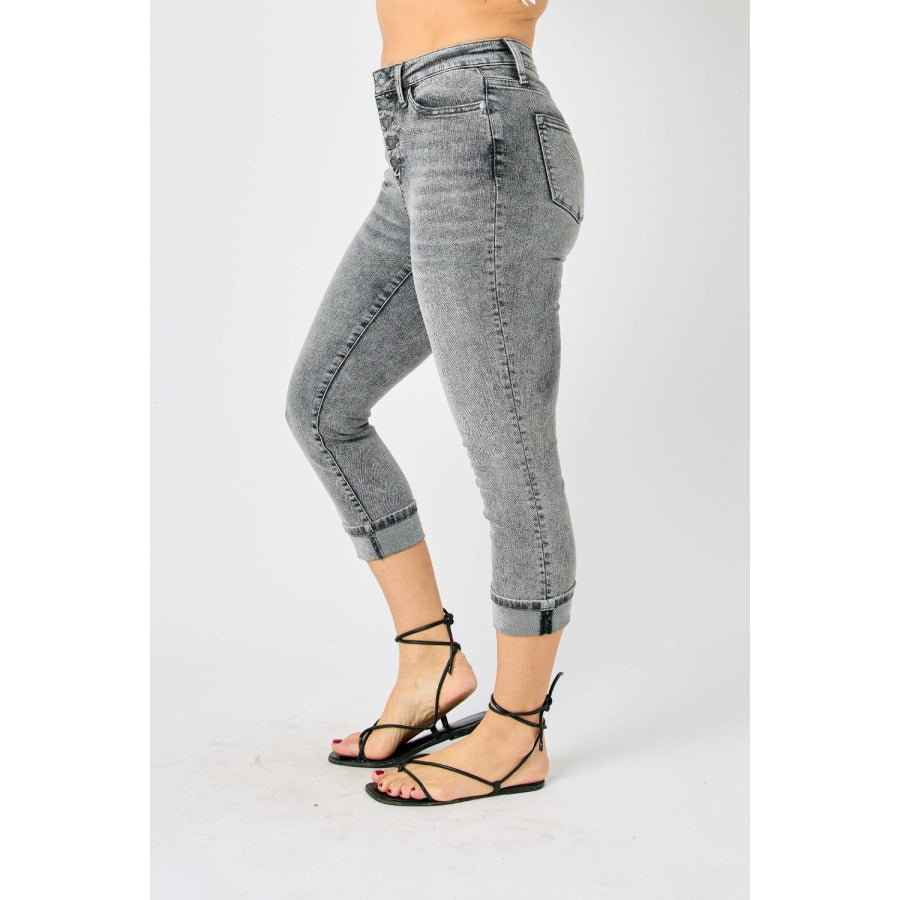 Judy Blue Full Size Button Fly High Waist Cuffed Capris Apparel and Accessories