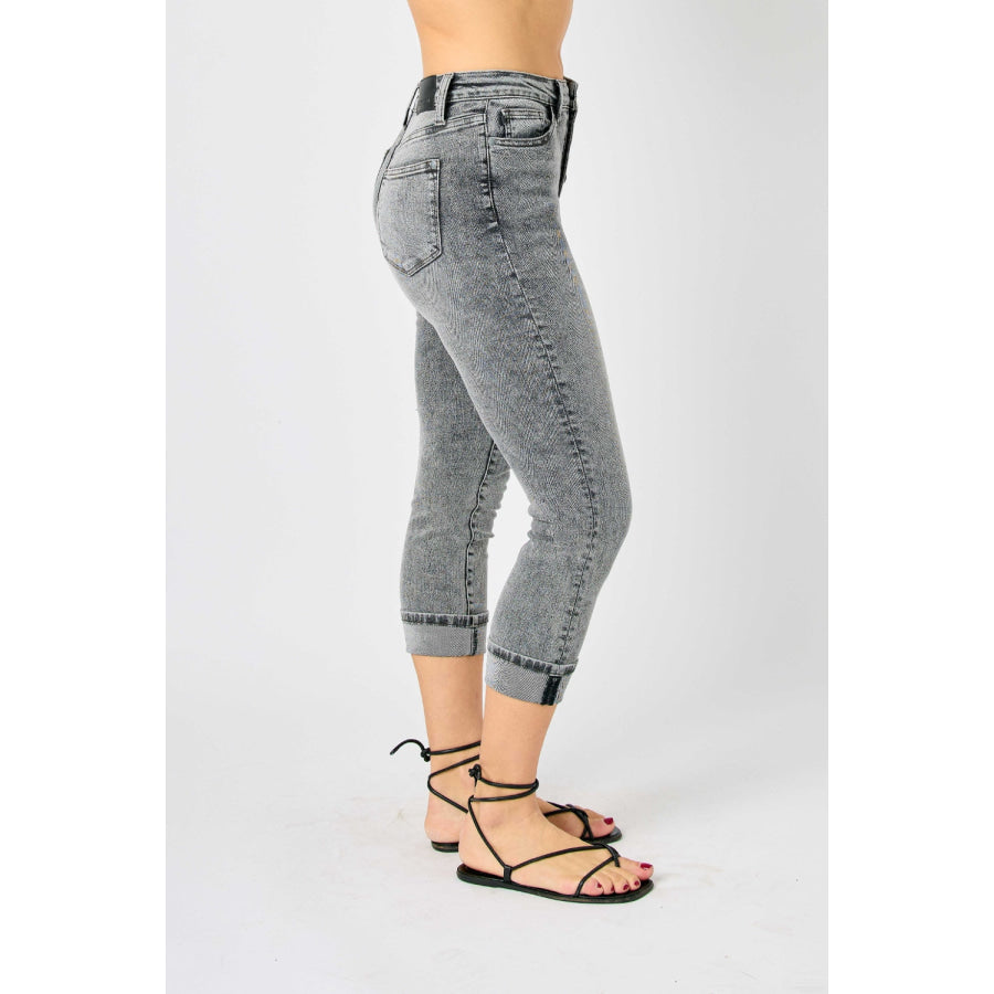 Judy Blue Full Size Button Fly High Waist Cuffed Capris Apparel and Accessories