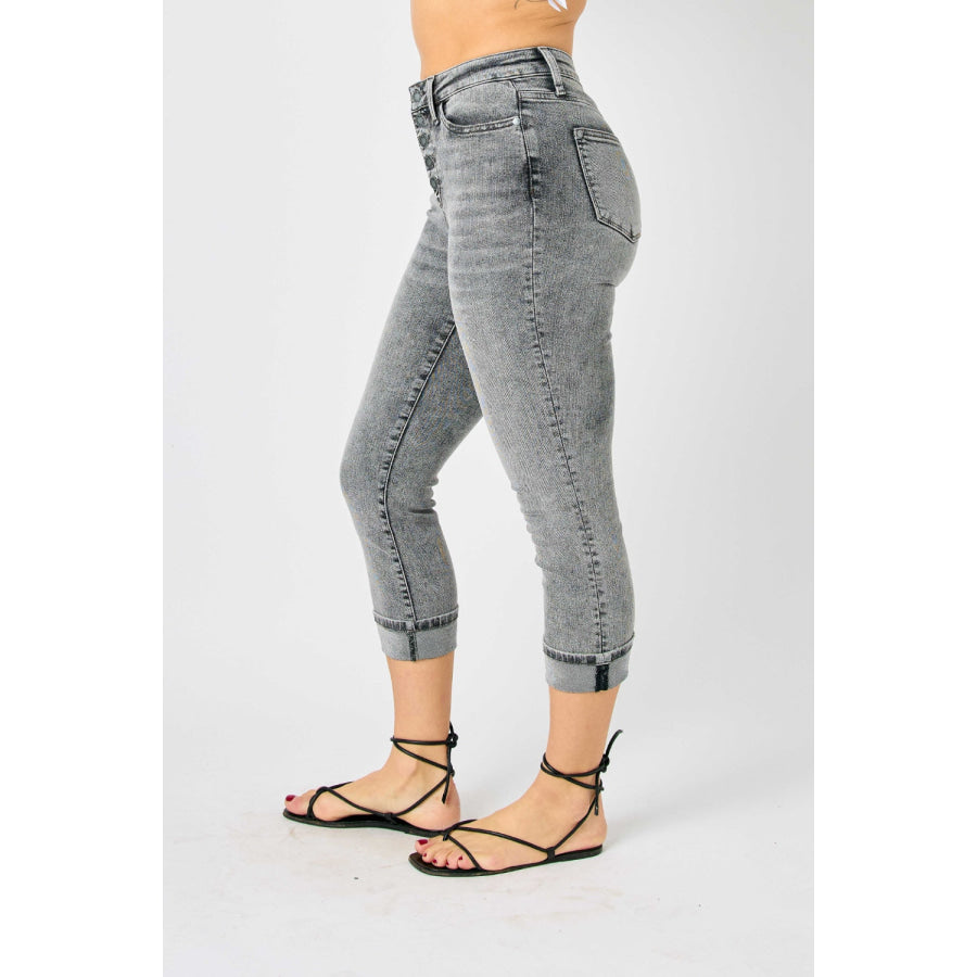 Judy Blue Full Size Button Fly High Waist Cuffed Capris Apparel and Accessories