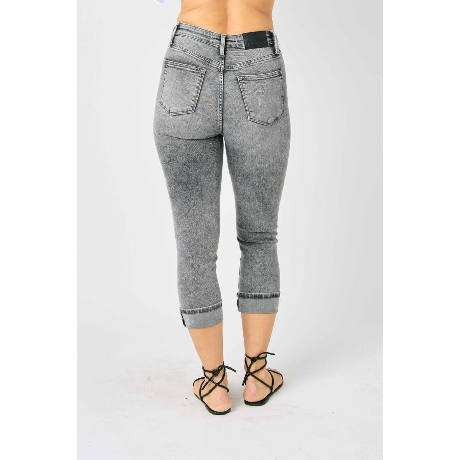 Judy Blue Full Size Button Fly High Waist Cuffed Capris Apparel and Accessories