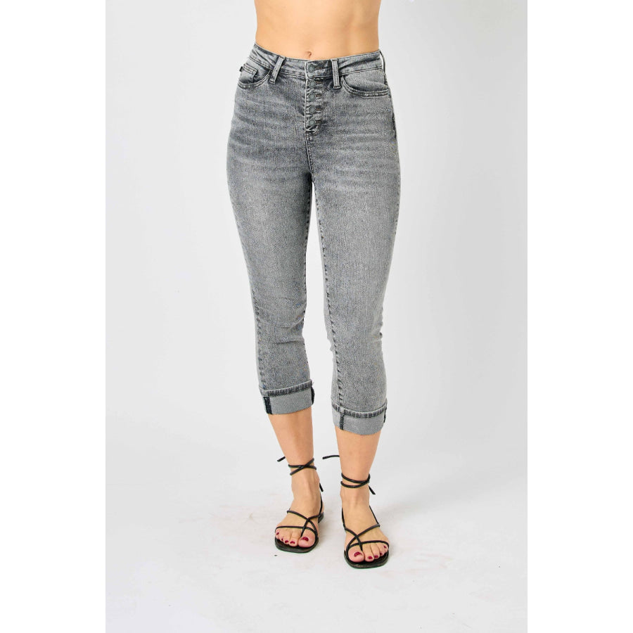 Judy Blue Full Size Button Fly High Waist Cuffed Capris Apparel and Accessories