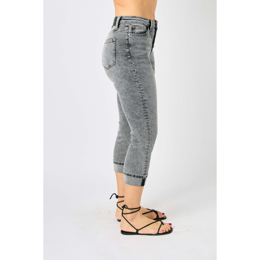 Judy Blue Full Size Button Fly High Waist Cuffed Capris Apparel and Accessories