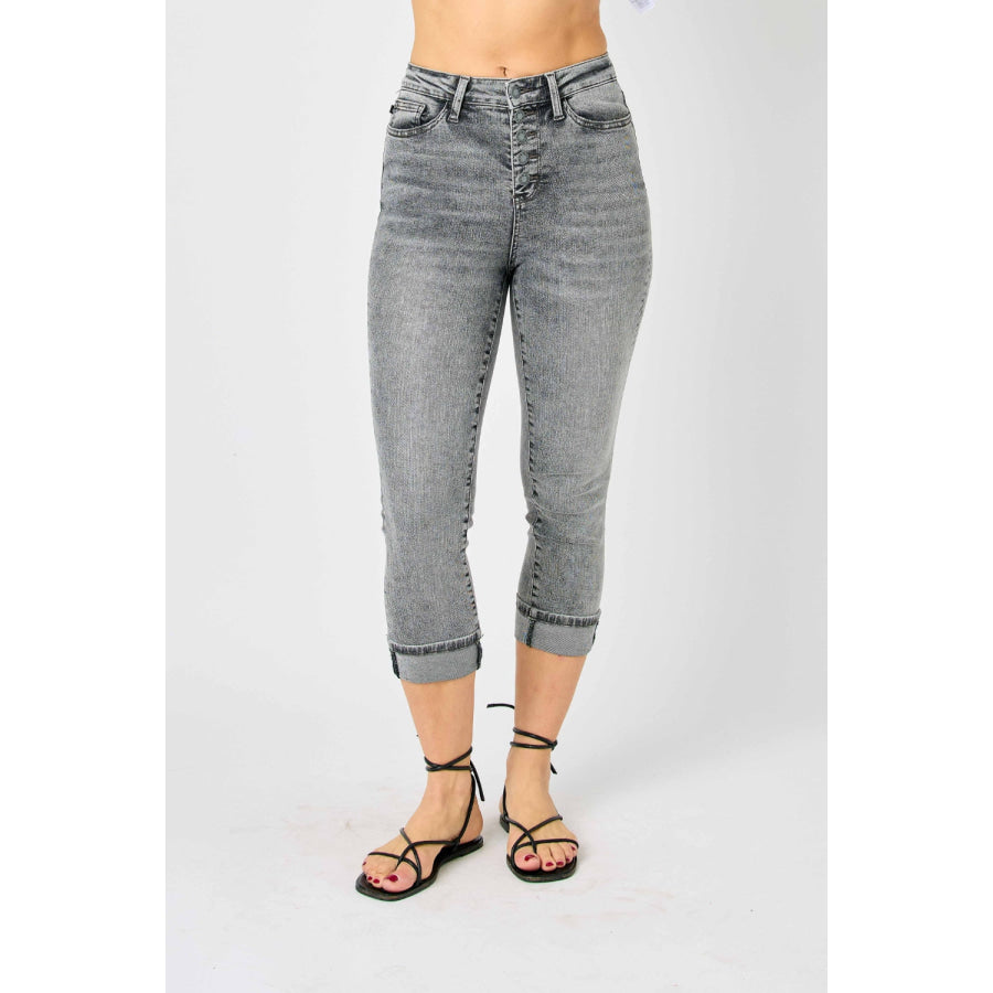 Judy Blue Full Size Button Fly High Waist Cuffed Capris GRAY / 0(24) Apparel and Accessories