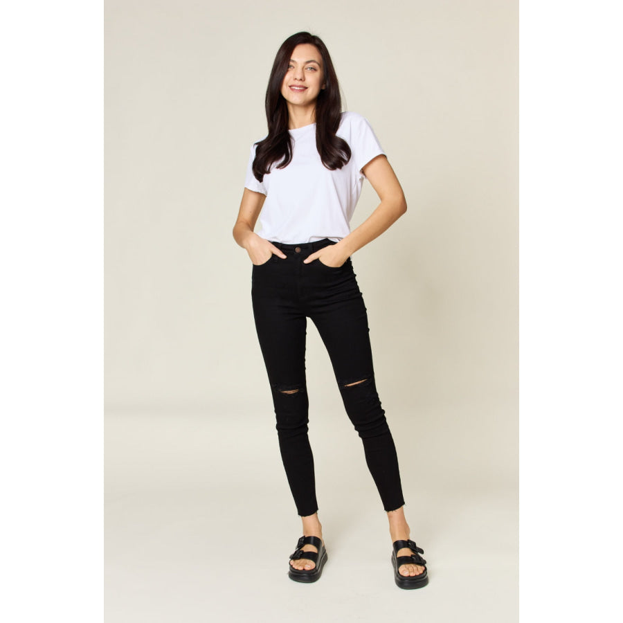 Judy Blue Full Size Distressed Tummy Control High Waist Skinny Jeans Apparel and Accessories