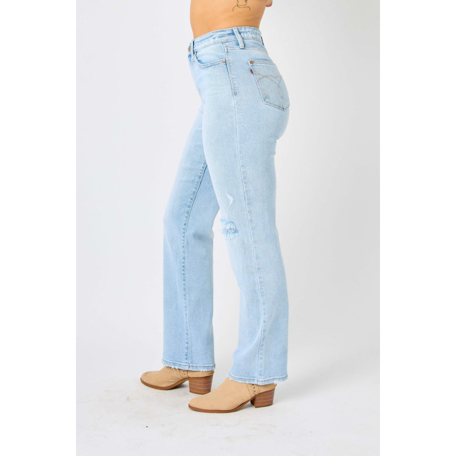 Judy Blue Full Size High Waist Distressed Straight Jeans Apparel and Accessories
