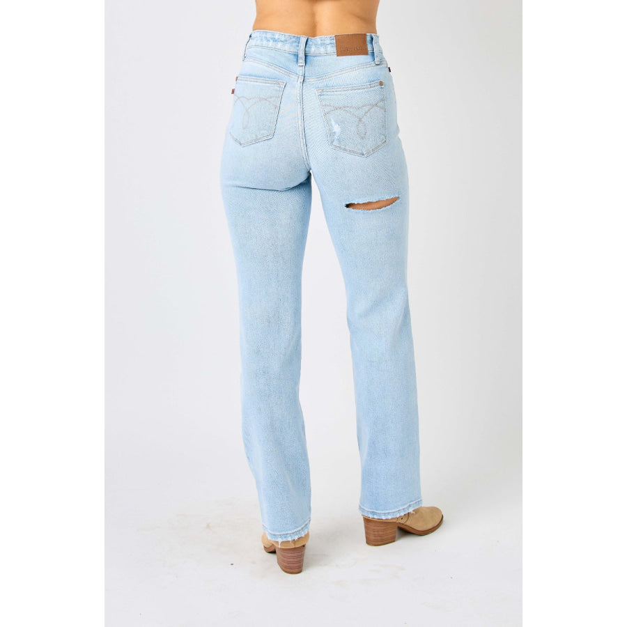 Judy Blue Full Size High Waist Distressed Straight Jeans Apparel and Accessories