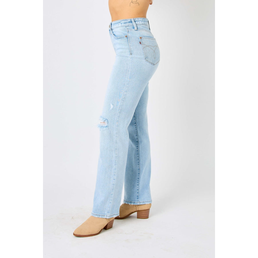 Judy Blue Full Size High Waist Distressed Straight Jeans Apparel and Accessories
