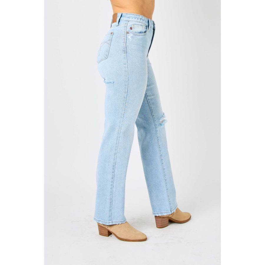 Judy Blue Full Size High Waist Distressed Straight Jeans Apparel and Accessories