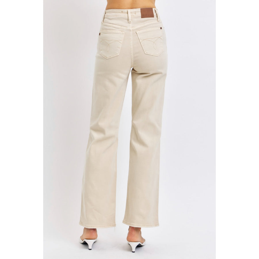 Judy Blue Full Size High Waist Distressed Wide Leg Jeans BONE / 0(24) Apparel and Accessories