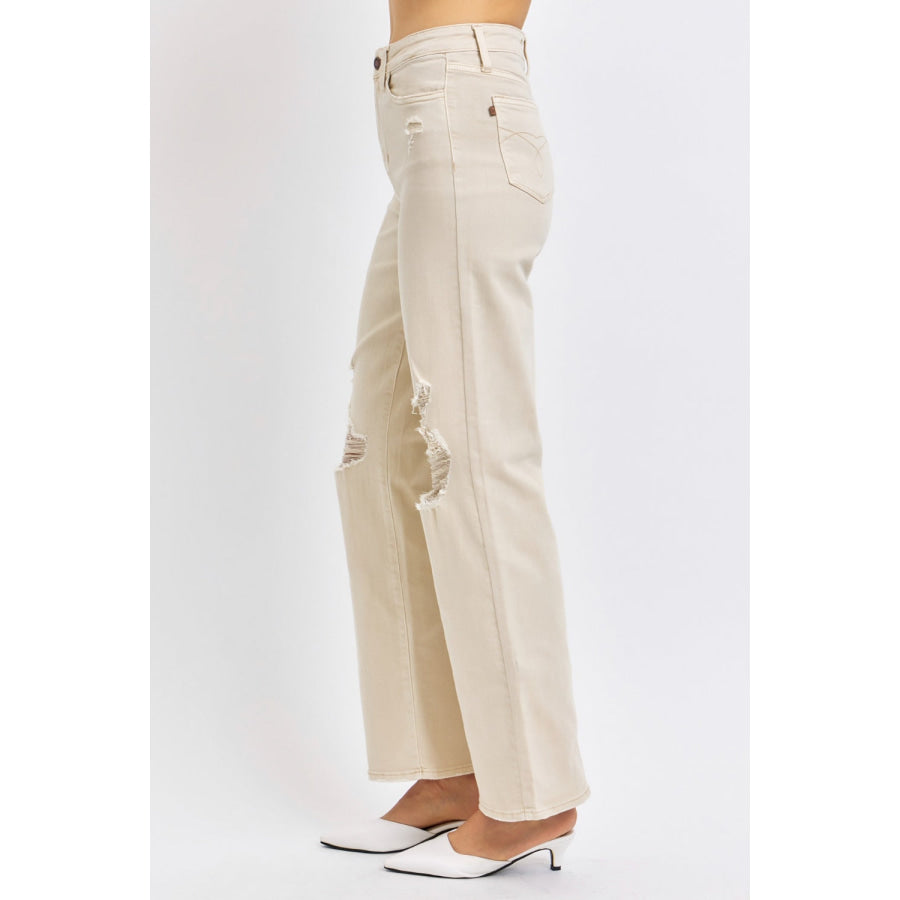 Judy Blue Full Size High Waist Distressed Wide Leg Jeans Apparel and Accessories