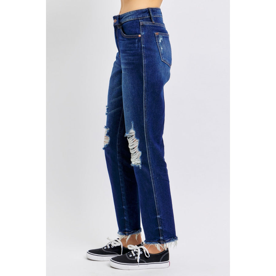 Judy Blue Full Size High Waist Rigid Magic Heavy Destroy Straight Jeans Apparel and Accessories