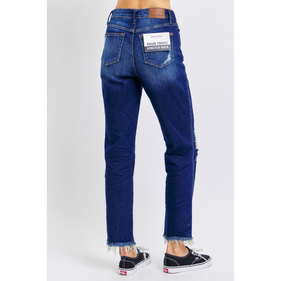 Judy Blue Full Size High Waist Rigid Magic Heavy Destroy Straight Jeans Dark / 0/24 Apparel and Accessories