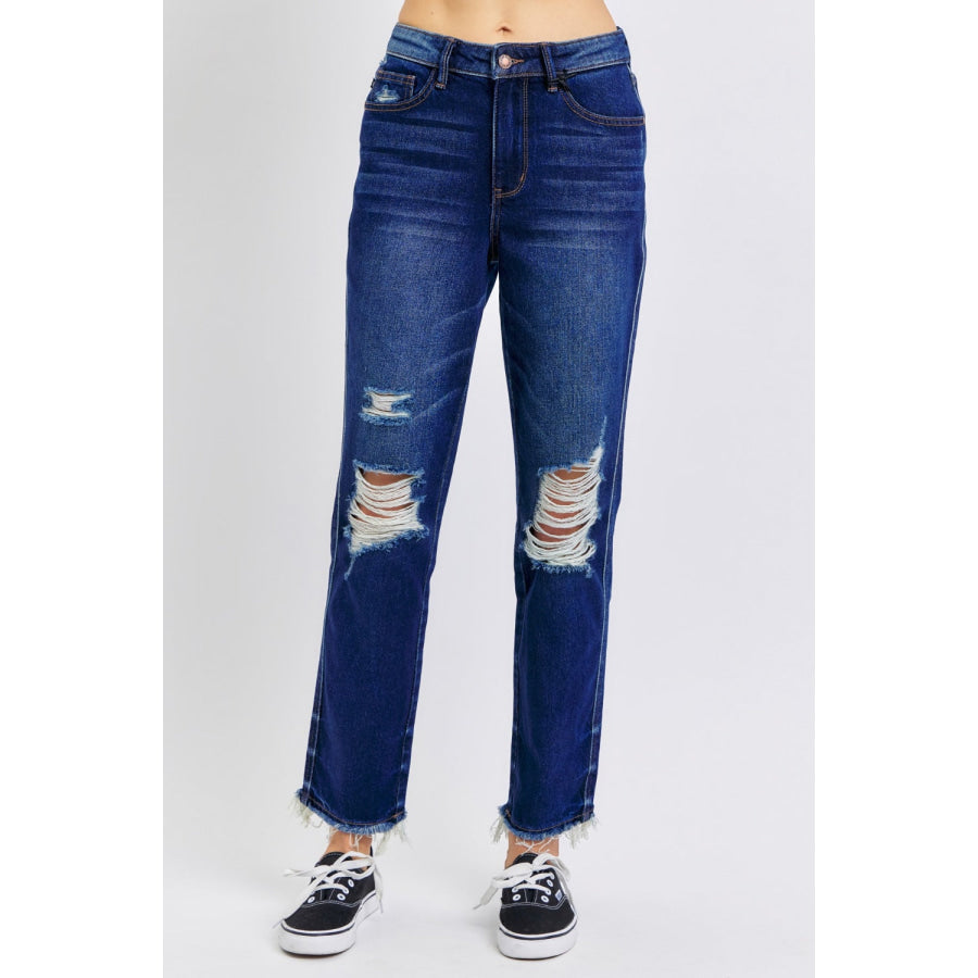 Judy Blue Full Size High Waist Rigid Magic Heavy Destroy Straight Jeans Apparel and Accessories