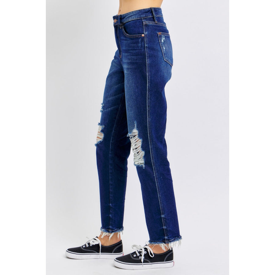 Judy Blue Full Size High Waist Rigid Magic Heavy Destroy Straight Jeans Apparel and Accessories