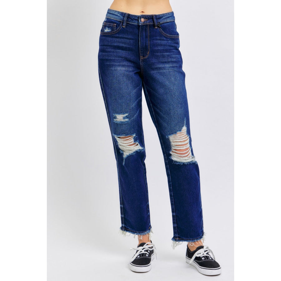 Judy Blue Full Size High Waist Rigid Magic Heavy Destroy Straight Jeans Dark / 0/24 Apparel and Accessories