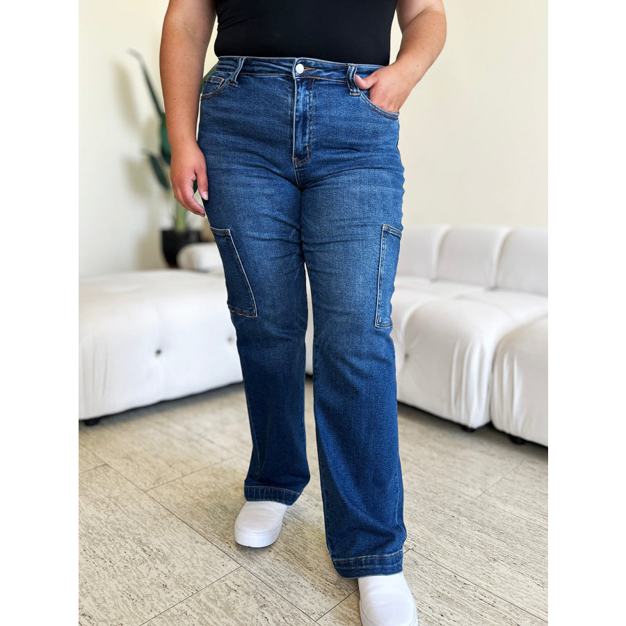 Judy Blue Full Size High Waist Straight Cargo Jeans Apparel and Accessories