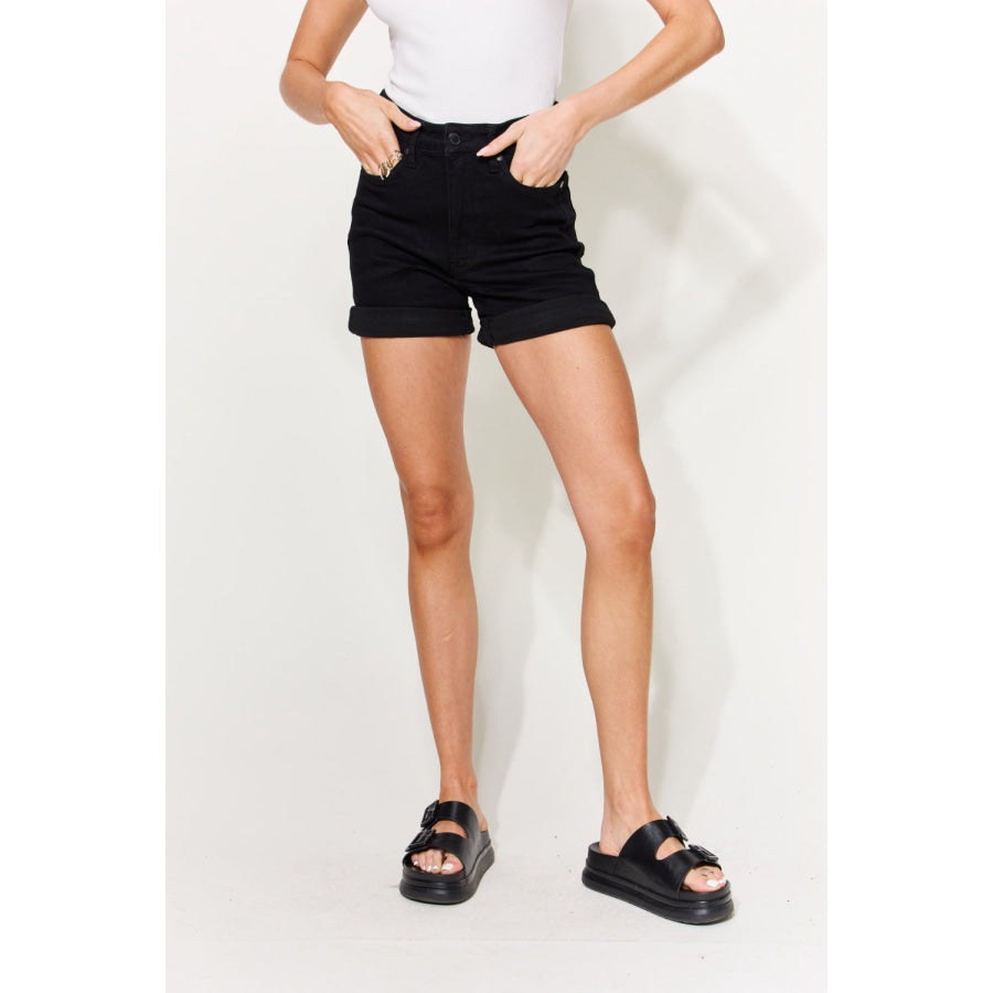 Judy Blue Full Size High Waist Tummy Control Cuffed Denim Shorts Black / S Apparel and Accessories