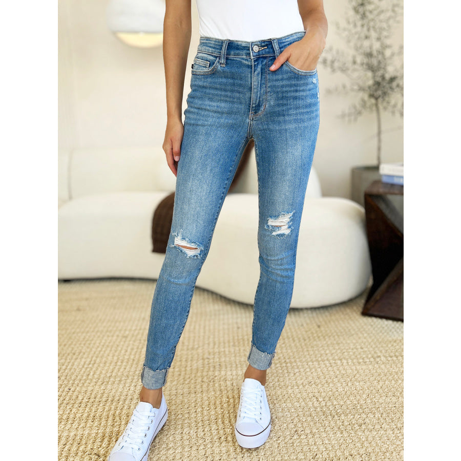 Judy Blue Full Size Mid Rise Destroy & Cuff Skinny Jeans Apparel and Accessories