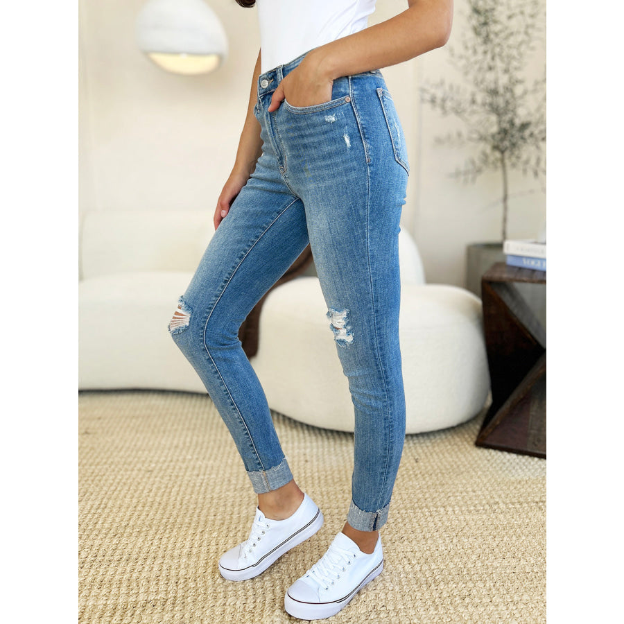 Judy Blue Full Size Mid Rise Destroy & Cuff Skinny Jeans Apparel and Accessories