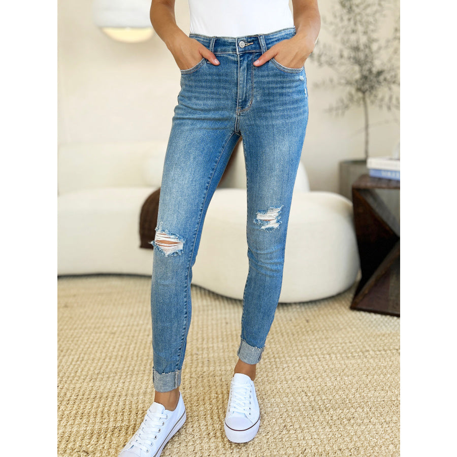 Judy Blue Full Size Mid Rise Destroy & Cuff Skinny Jeans Apparel and Accessories