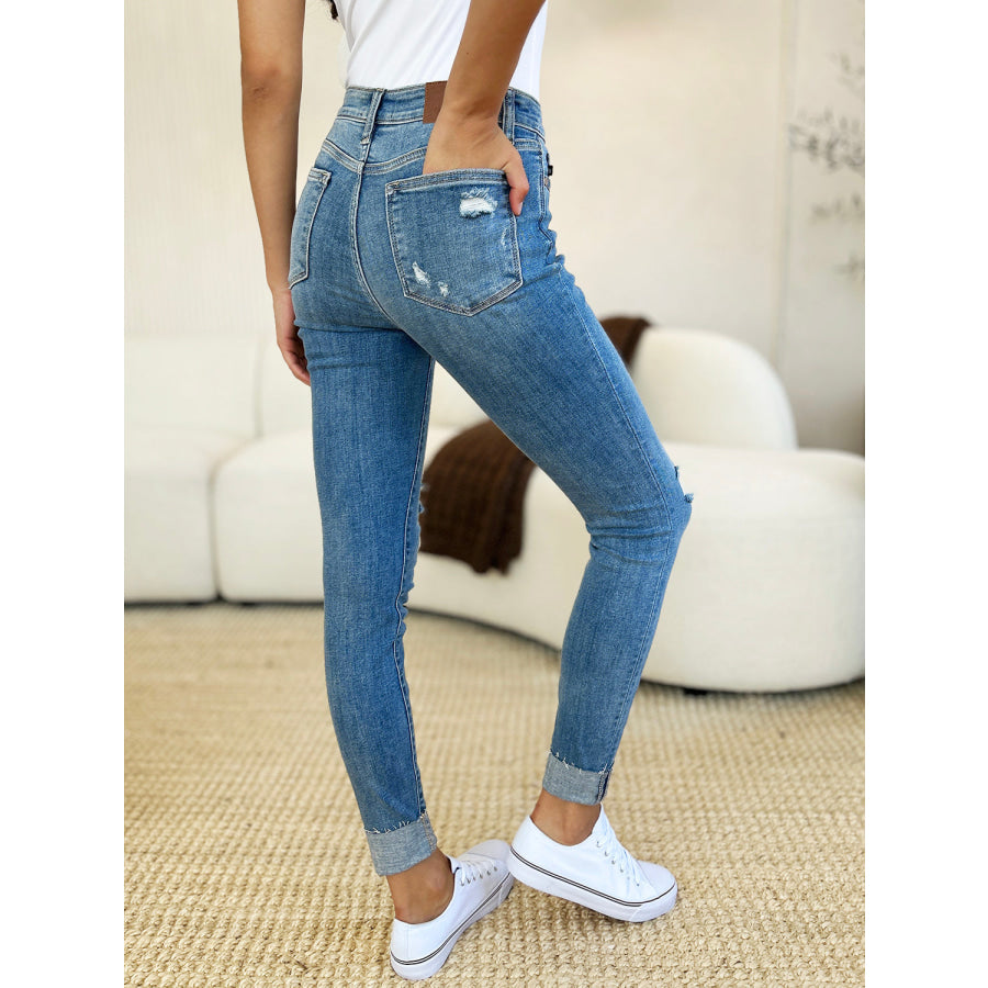 Judy Blue Full Size Mid Rise Destroy & Cuff Skinny Jeans Apparel and Accessories
