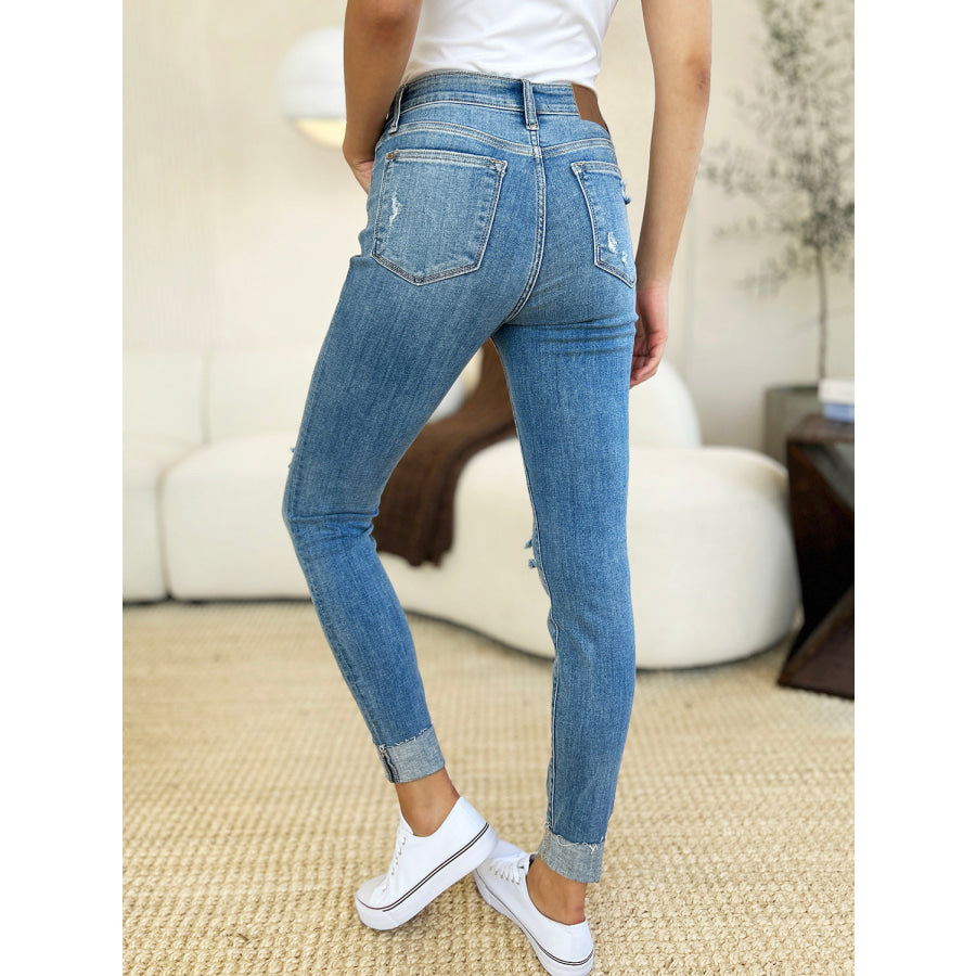 Judy Blue Full Size Mid Rise Destroy & Cuff Skinny Jeans Apparel and Accessories