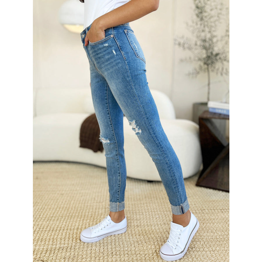 Judy Blue Full Size Mid Rise Destroy & Cuff Skinny Jeans Apparel and Accessories