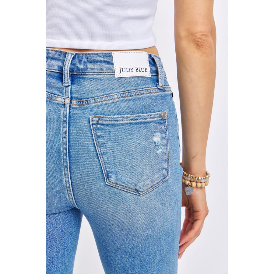 Judy Blue Full Size Mid Rise Destroyed Hem Distressed Jeans Apparel and Accessories