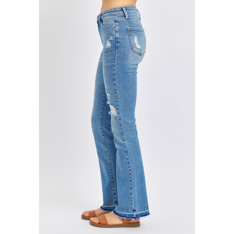 Judy Blue Full Size Mid Rise Destroyed Hem Distressed Jeans Apparel and Accessories