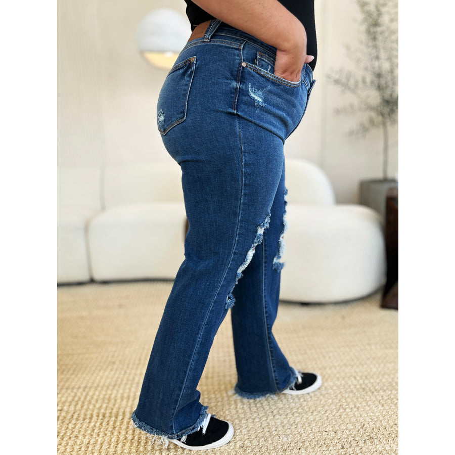 Judy Blue Full Size Mid Rise Distressed Raw Hem Jeans Apparel and Accessories