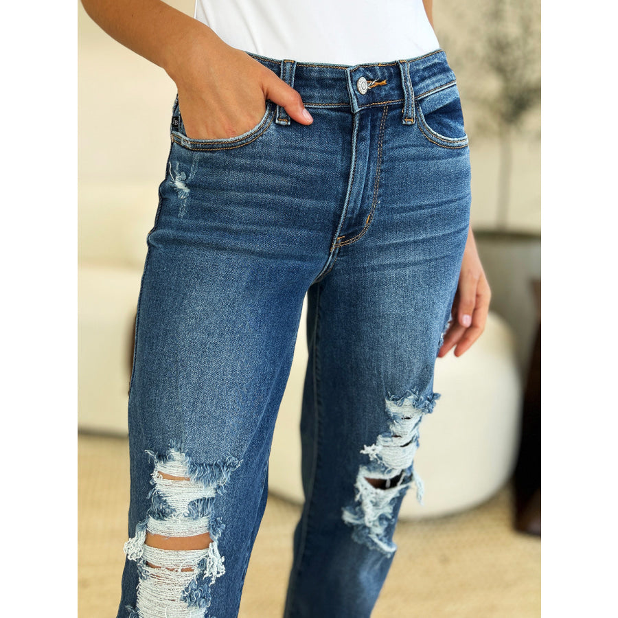 Judy Blue Full Size Mid Rise Distressed Raw Hem Jeans Apparel and Accessories
