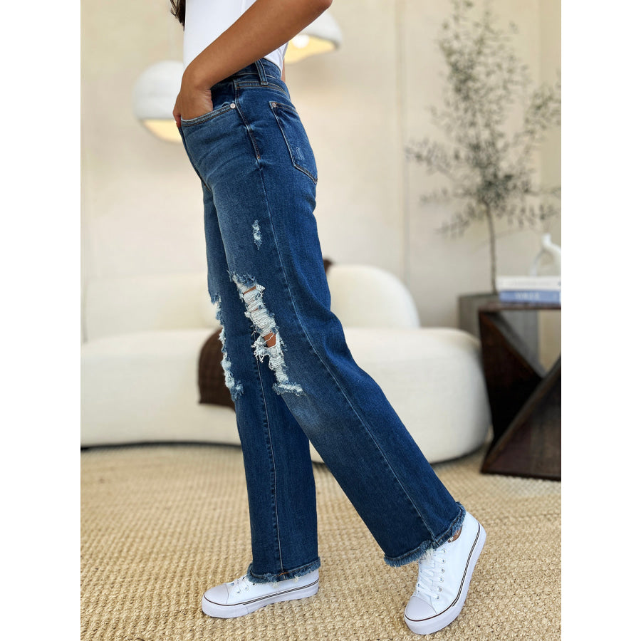 Judy Blue Full Size Mid Rise Distressed Raw Hem Jeans Apparel and Accessories