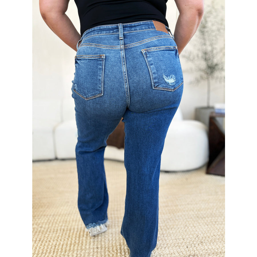 Judy Blue Full Size Mid Rise Distressed Raw Hem Jeans Apparel and Accessories