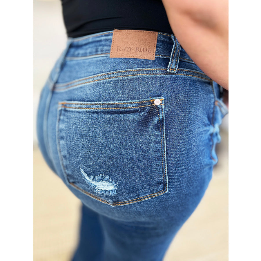 Judy Blue Full Size Mid Rise Distressed Raw Hem Jeans Apparel and Accessories