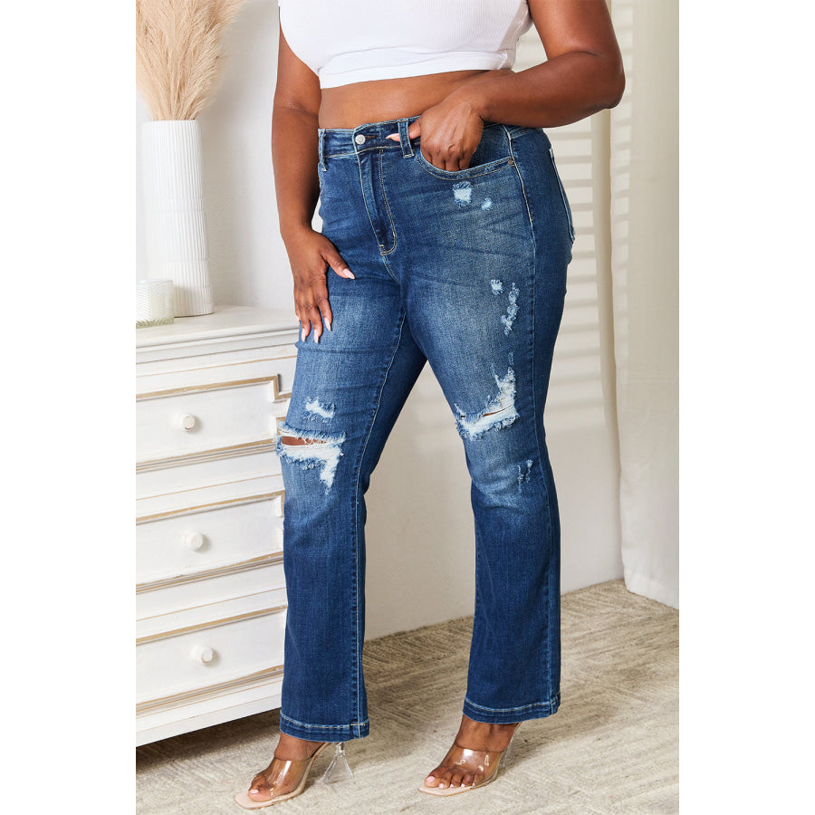 Judy Blue Full Size Mid Rise Hand Sand & Destroy Bootcut Jeans Apparel and Accessories