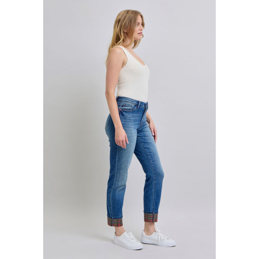 Judy Blue Full Size Plaid Print Cuff Straight Leg Jeans with Pockets Apparel and Accessories