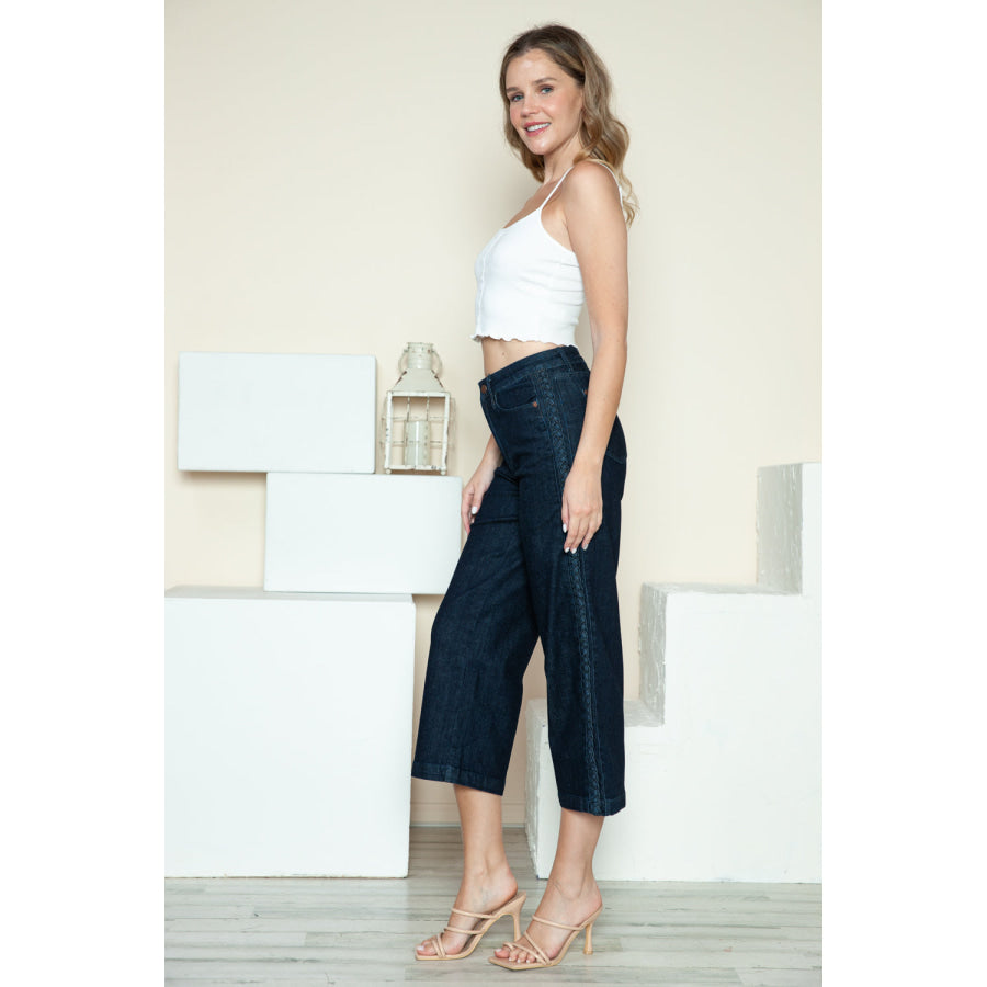 Judy Blue Full Size Side Seam Braid Detail Crop Wide Leg Jeans Apparel and Accessories