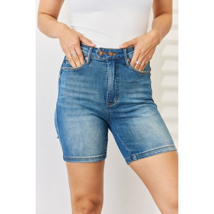 Judy Blue Full Size Tummy Control Double Button Bermuda Denim Shorts Apparel and Accessories