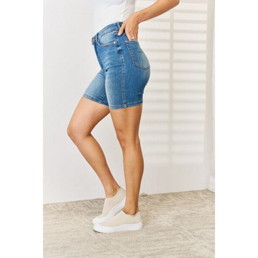 Judy Blue Full Size Tummy Control Double Button Bermuda Denim Shorts Apparel and Accessories