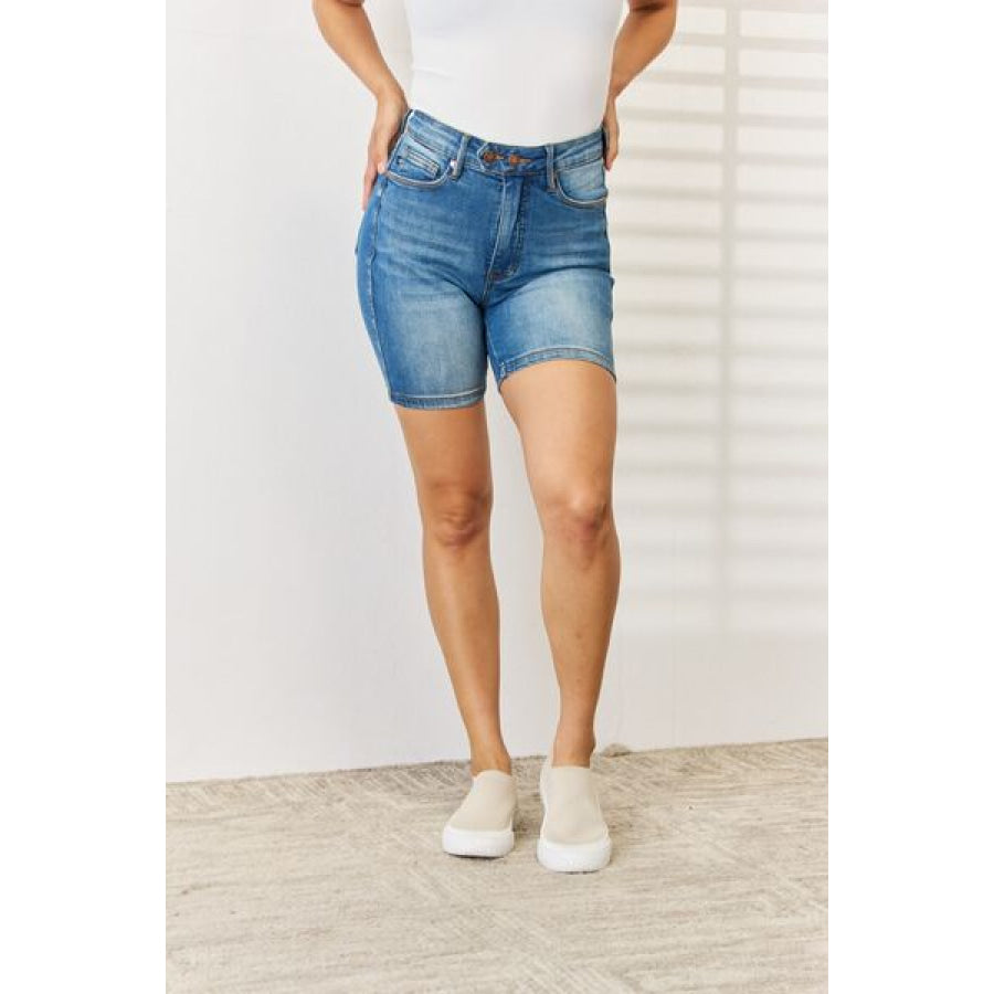 Judy Blue Full Size Tummy Control Double Button Bermuda Denim Shorts Apparel and Accessories