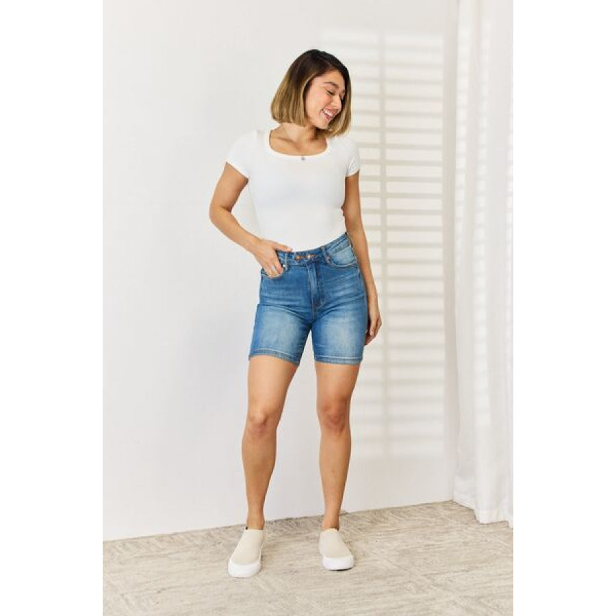 Judy Blue Full Size Tummy Control Double Button Bermuda Denim Shorts Apparel and Accessories