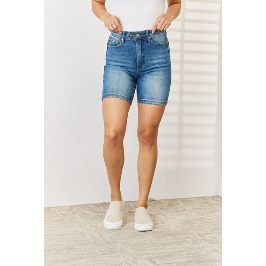 Judy Blue Full Size Tummy Control Double Button Bermuda Denim Shorts Medium / S Apparel and Accessories