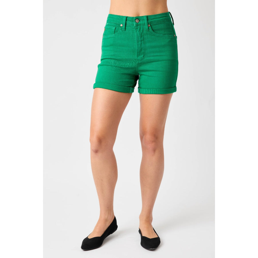 Judy Blue Full Size Tummy Control Garment Dyed Denim Shorts K GREEN / S Apparel and Accessories