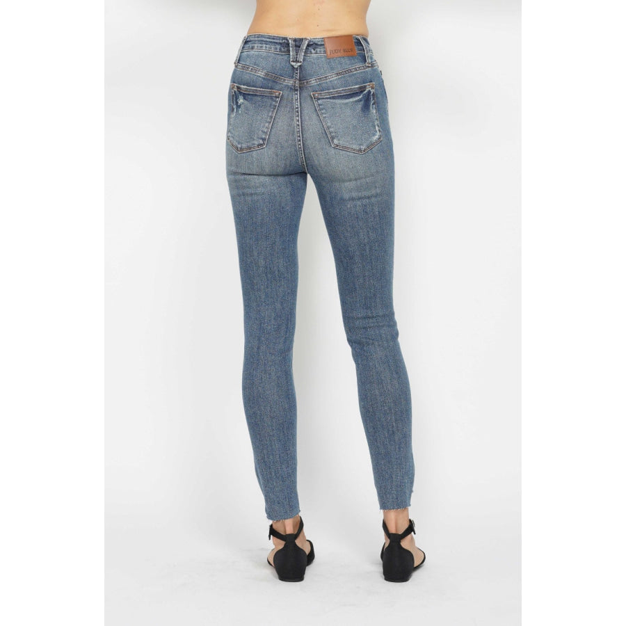 Judy Blue Full Size Tummy Control Vintage Wash Hem Destroy Skinny Jeans Apparel and Accessories