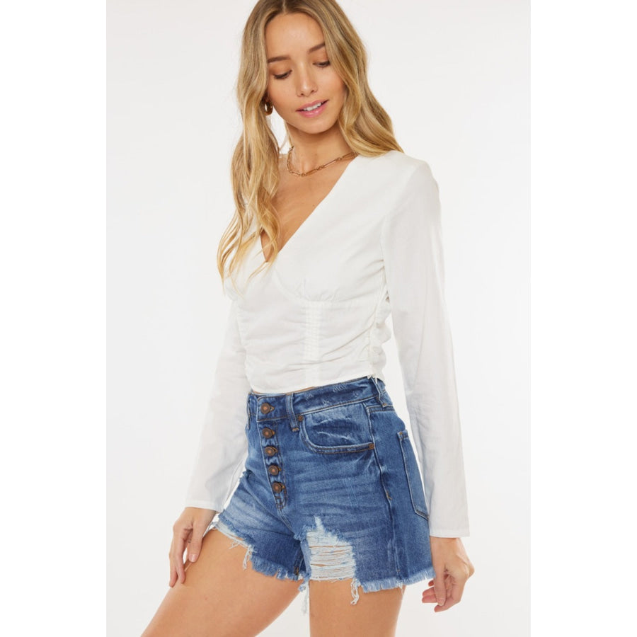 Kancan Distressed Button-Fly High Waist Denim Shorts Apparel and Accessories