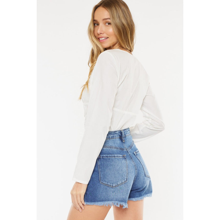 Kancan Distressed Button-Fly High Waist Denim Shorts Apparel and Accessories