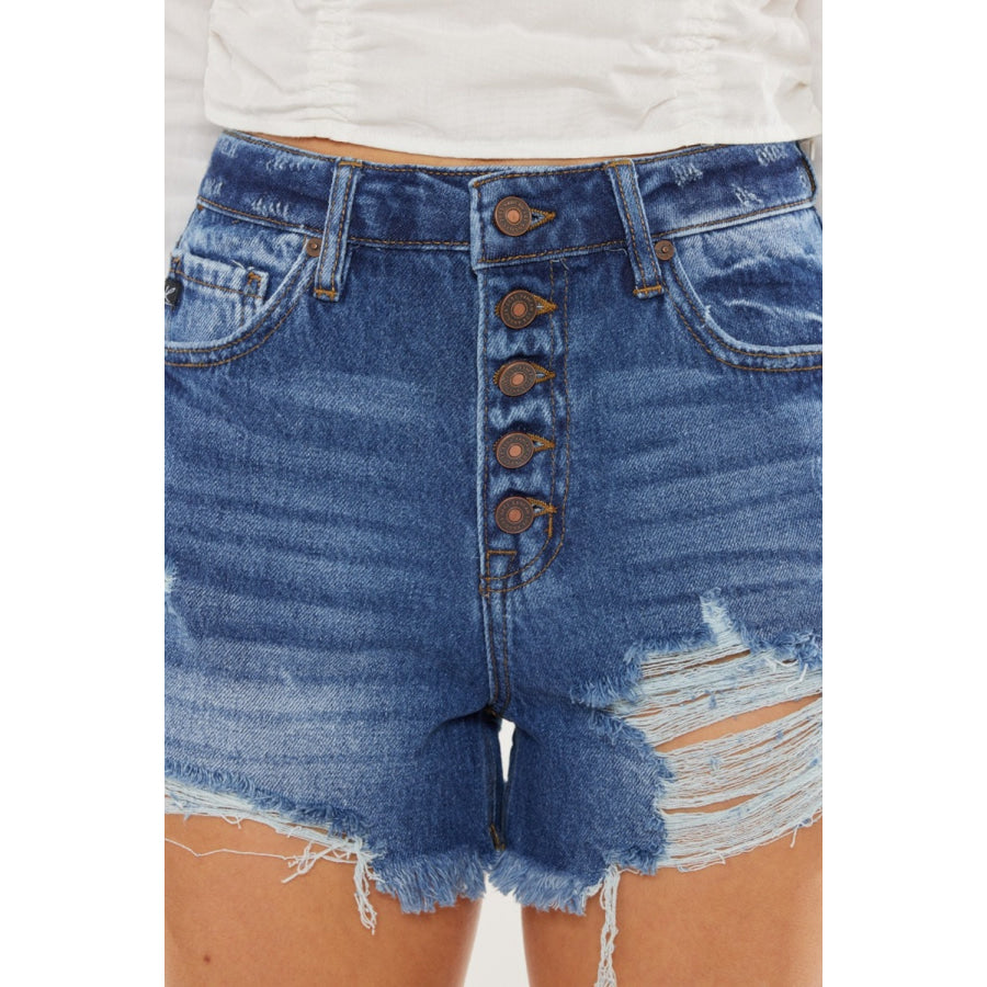 Kancan Distressed Button-Fly High Waist Denim Shorts Apparel and Accessories