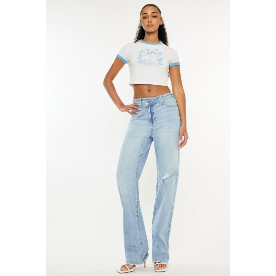 Kancan Distressed High Waist Straight Jeans Apparel and Accessories