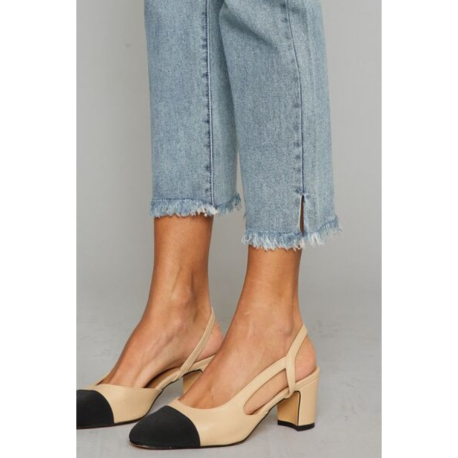 Kancan High Waist Button Fly Raw Hem Cropped Straight Jeans Apparel and Accessories